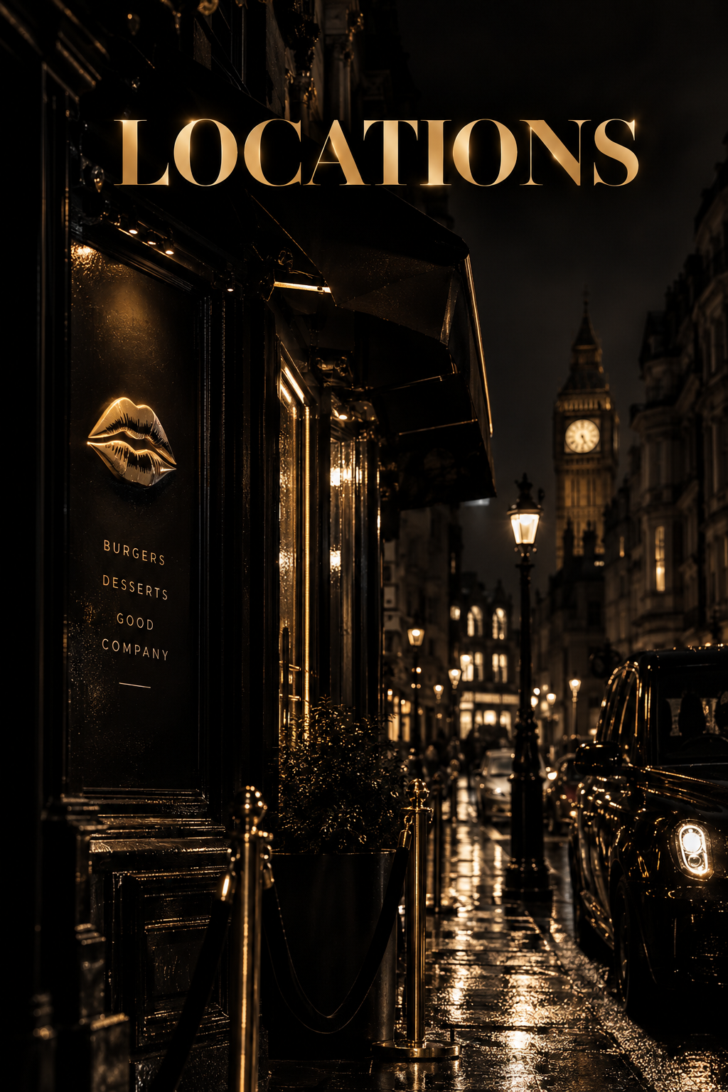 A London street at night with a Bouche storefront, gold lip signage, and Big Ben in the distance — LOCATIONS
